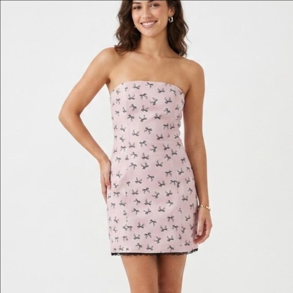 Cider Light Pink Strapless Bow Print Lace Trim Mini Dress Size XS